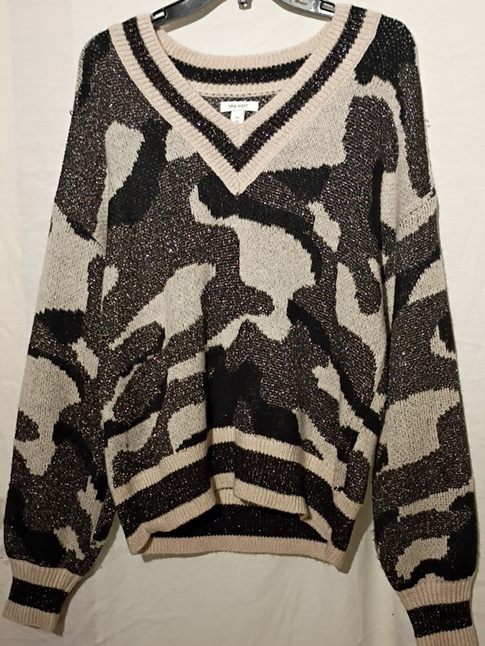 Women's Metallic Camo V-Neck Sweater, Black and Cream, Off Shoulder, Oversized,